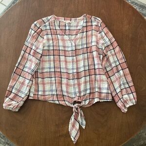 Como Vinatge plaid waist tie v neck button down long sleeve blouse size Medium